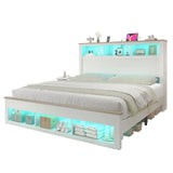 AMERLIFE King Size Bed Frame with Bookcase Storage Headboard and Footboard, LED Platform Bed with Charging Station, No Box Spring Needed, Noise Free, Distressed White AMERLIFE