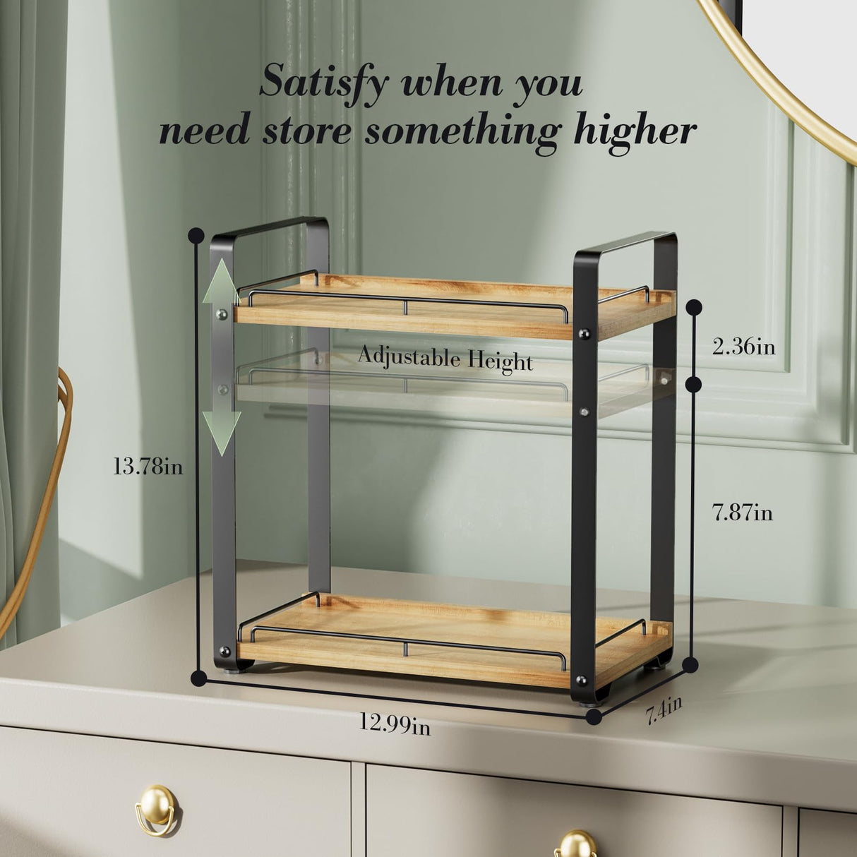 Delamu 2-Tier Bathroom Counter Organizer, Wood Vanity Organizer Countertop for Skincare & Makeup, Multi-Purpose Vanity Bathroom Shelf for Coffee Station Kitchen Storage and Organization Delamu