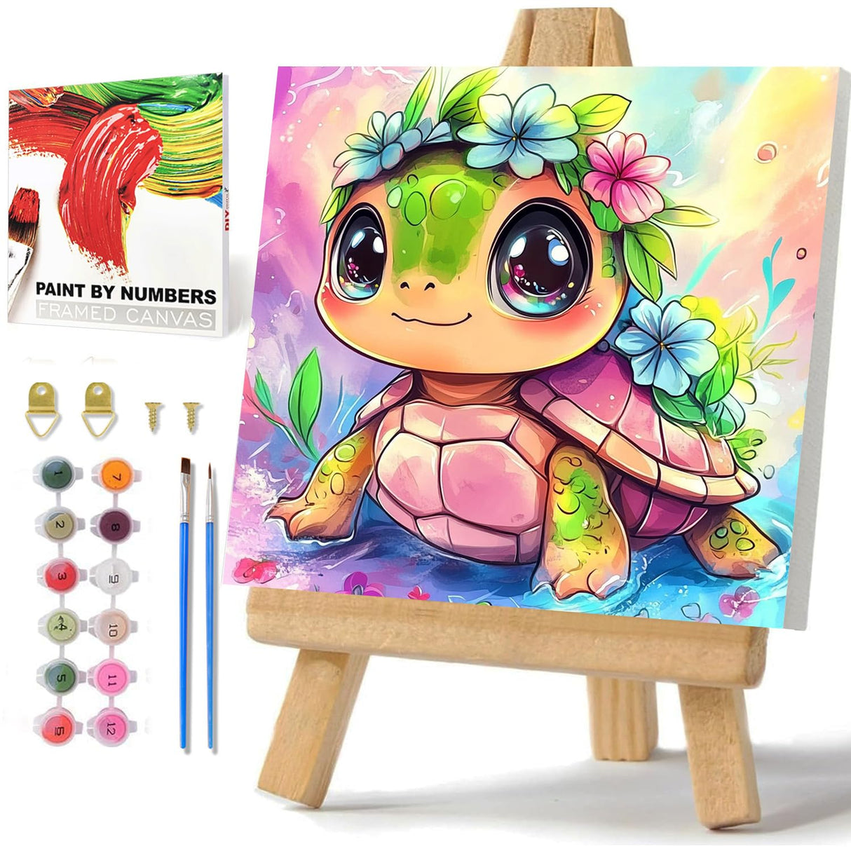 hkejoi Turtle Paint by Numbers Kit for Kids Age 8-12, Turtle Paint by Numbers Framed Flowers Paint by Number with Frame, Framed Paint by Number Kits on Canvas with Box 9.84x9.84 inch hkejoi