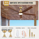 52 Inch Outdoor Ceiling Fans for Patios with Light, Large Airflow Ceiling Fan Indoor Exterior Ceiling Fan Damp Rated, Rustic Wood Ceiling Fan Gold for House Porch Gazebo Commercial, Quiet DC Motor YZEENM