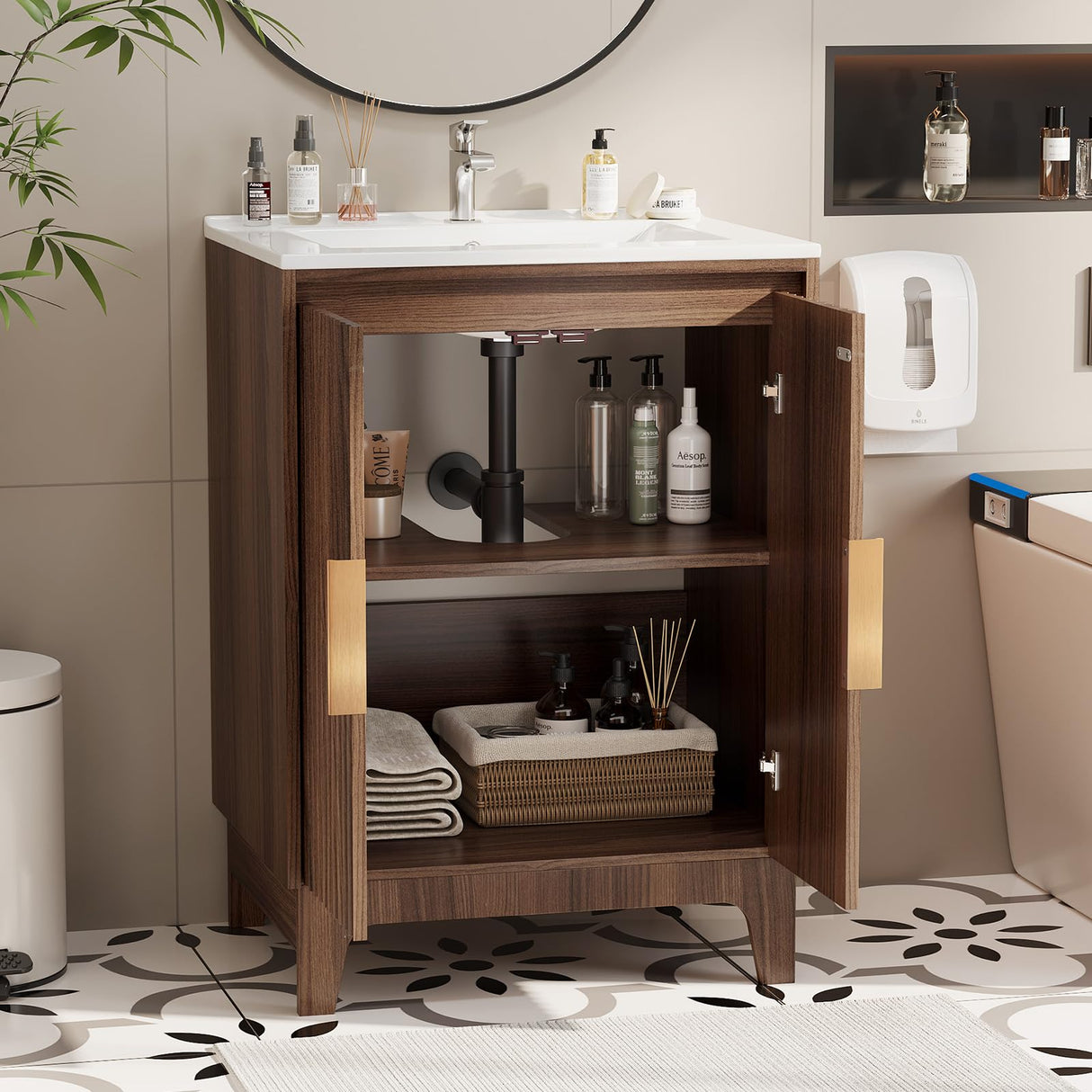 VINGLI Fluted Bathroom Vanity with Ceramic Sink, Bathroom Vanity Cabinet with 2 Doors, 24 Inch Restroom Sink Cabinet Combo, Mid-Century Modern Floor Storage Cupboard w/U Shape Shelf Walnut VINGLI