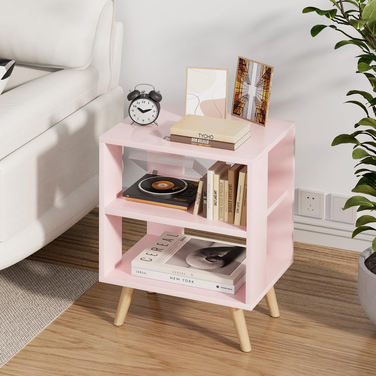 Aenuert Night Stand, Pink Kids Nightstand, Modern End Table with Open Storage, 2-Tier Nursery Bedside Table for Small Space, Living Room, Bedroom Aenuert