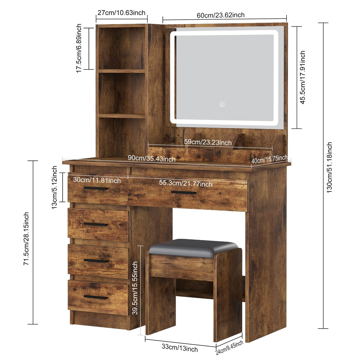 Hesitroad Vanity Desk with Mirror and Lights, Makeup Vanity Makeup Desk Large Vanity Desk with Storage Shelves, Vanity Table 5 Drawers Bedroom Dressing Table with Chair Small Vanity Desk Retro Brown Hesitroad