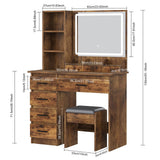 Hesitroad Vanity Desk with Mirror and Lights, Makeup Vanity Makeup Desk Large Vanity Desk with Storage Shelves, Vanity Table 5 Drawers Bedroom Dressing Table with Chair Small Vanity Desk Retro Brown Hesitroad