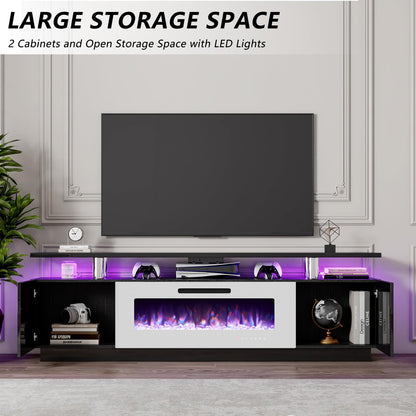 LUXOAK 80" Fireplace TV Stand, Modern High Gloss Finish Media Console with 40" Electric Fireplace, Open Storage Entertainment Center for TVs Up to 90" with LED Lights, Black/White