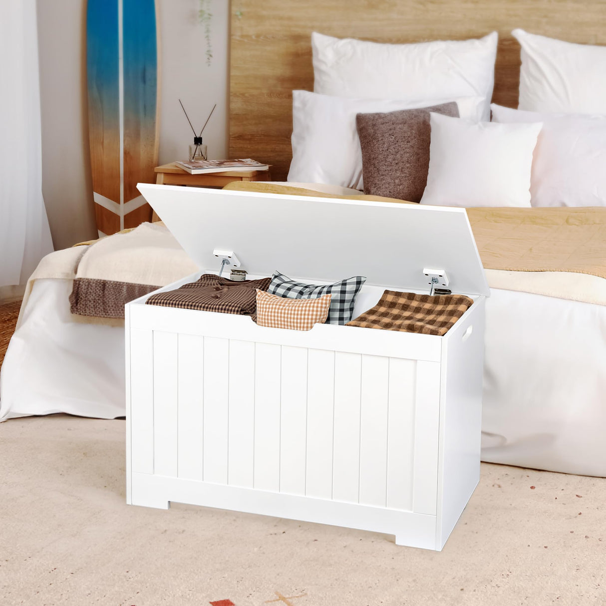 ZENY Lift Top Storage Cabinet Bench, Wooden Chest Room Organizer Bin with 2 Safety Hinges (White) ZENY