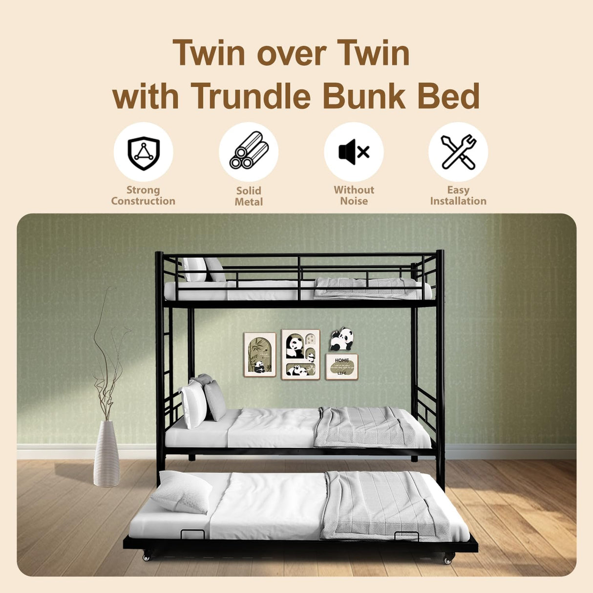 Twin Over Twin Bunk Bed with Trundle, Metal Bunk Beds with 2 Ladder and Guardrails, Convertible Triple Bunk Bed for Kids, Teens and Adults, No Box Spring Needed, Space Saving (Black) AYJOIR