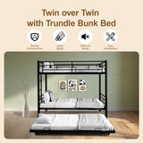 Twin Over Twin Bunk Bed with Trundle, Metal Bunk Beds with 2 Ladder and Guardrails, Convertible Triple Bunk Bed for Kids, Teens and Adults, No Box Spring Needed, Space Saving (Black) AYJOIR