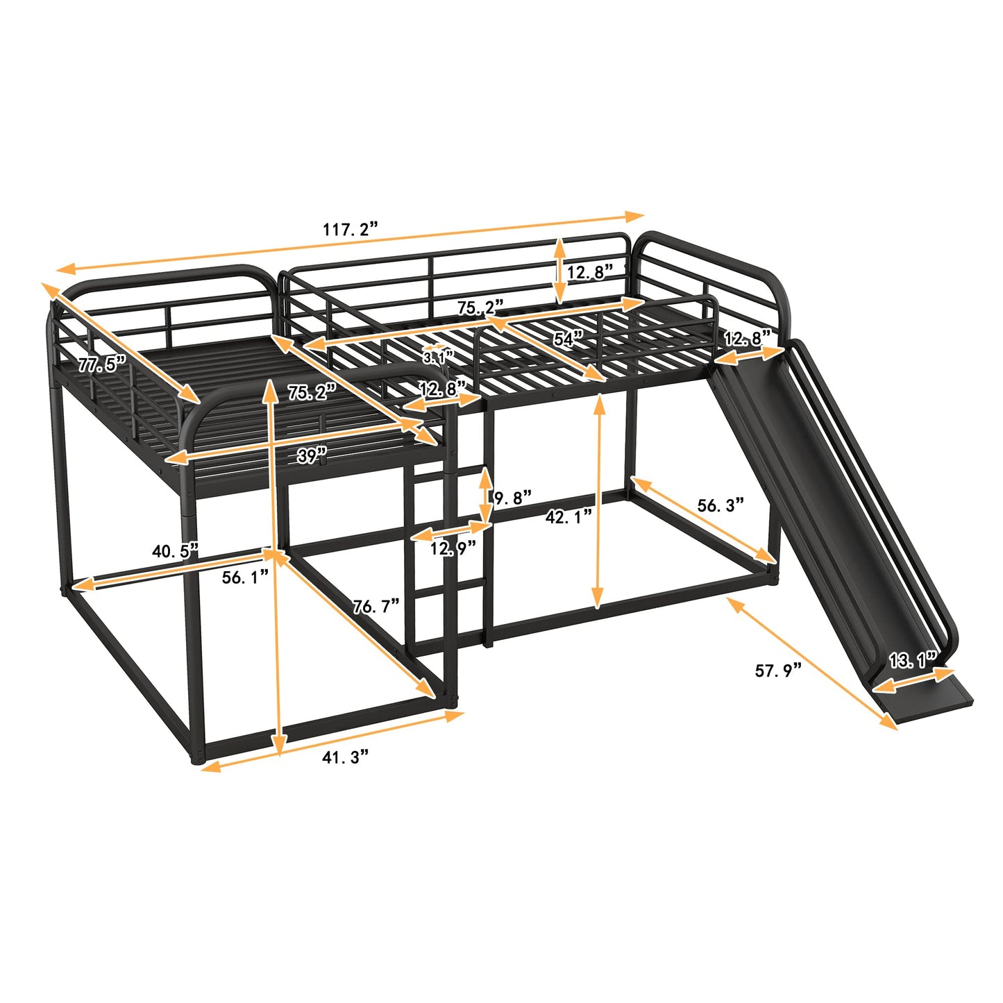 Harper & Bright Designs L Shaped Bunk Bed for 4, Quad Bunk Bed with Slide, Twin/Twin & Full/Full Bunk Bed, Metal Floor Bunk Bed Frame for Kids Teens Girls Boys, No Box Spring Needed (Black)