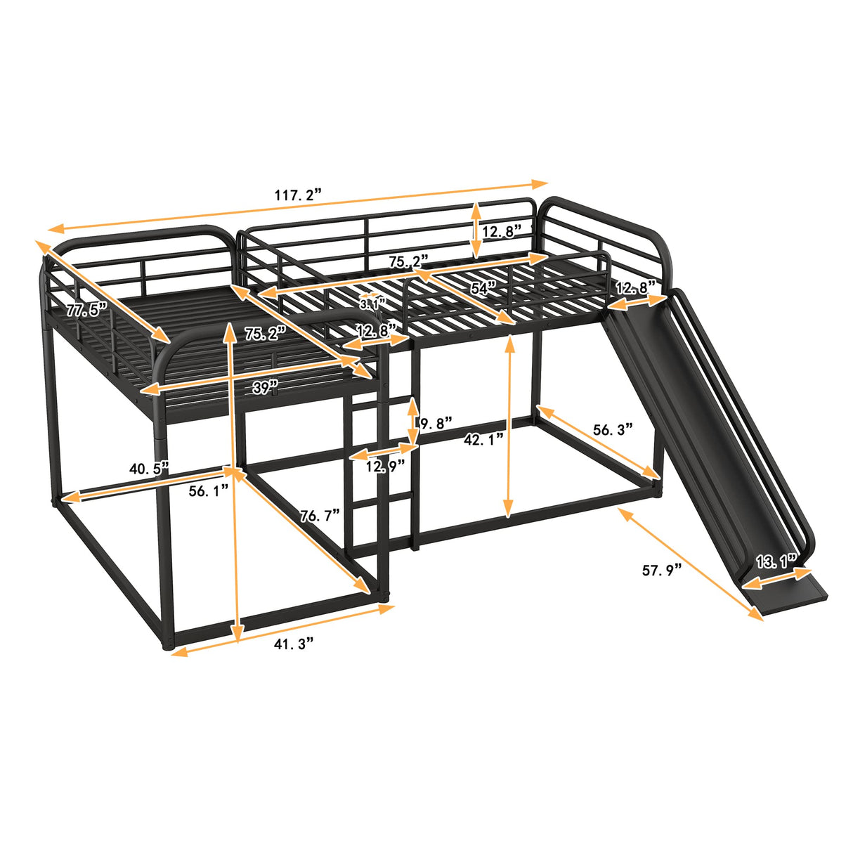 Quad Bunk Bed with Slide, L Shaped Bunk Bed for 4, Heavy-Duty Metal Floor Bunk Bed Frame Full and Twin Size for Kids Teens Girls Boys (Black) Bellemave