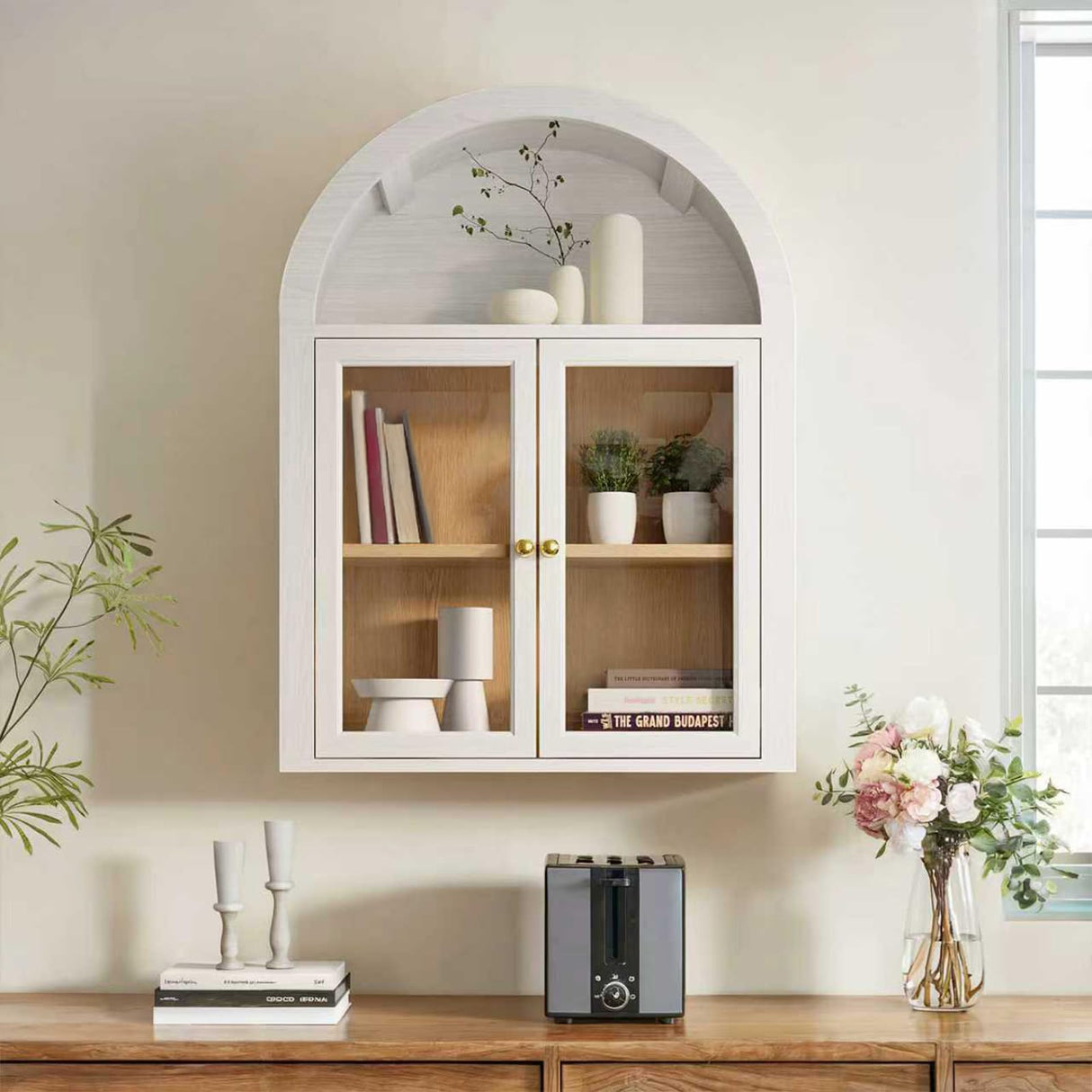 Furnaza Arched Wall Mounted Medicine Cabinets with Tempered Glass Doors,Bathroom Cabinet with Adjustable Shelf for Kitchen,Living Room Furnaza