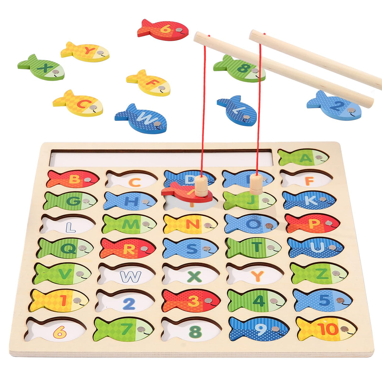 Diaodey Wooden Magnetic Fishing Game for Toddlers, Montessori Fine Motor Skills Toy with Letters and Numbers, Preschool Learning ABC and Puzzle Educational Toys Gift for 3 4 5+ Year Old Kids(2 Poles) Diaodey