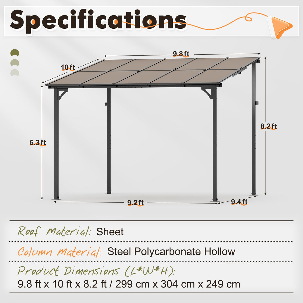 Crownland 10'x10' Outdoor Gazebo Hardtop, Wall-Mounted Lean-to Gazebo with Dewatering Hole, Large Outdoor Pergola Awning, Waterproof for Deck, Backyard, Garden, Porch Crownland