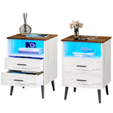 LVSOMT Nightstands Set of 2, White Nightstand with Charging Station, Night Stands with Human Body Induction, Bedside Tables with 2 Drawers, Open Shelf, Modern Night Stand for Bedroom LVSOMT