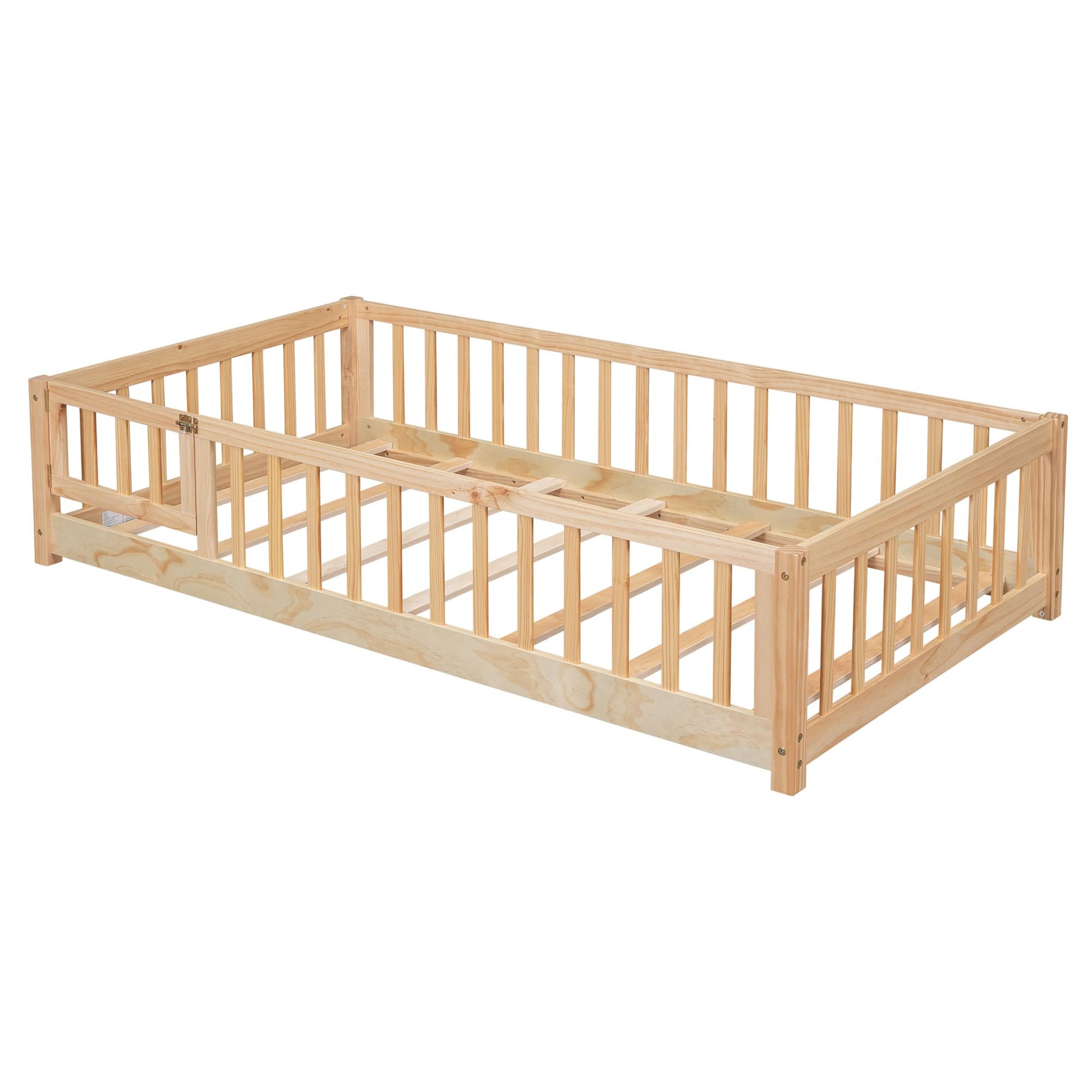 Brafab Montessori Twin Floor Bed with Safety Guardrails & Convertible Door - Natural Solid Pine Wood Frame - WoodArtSupply