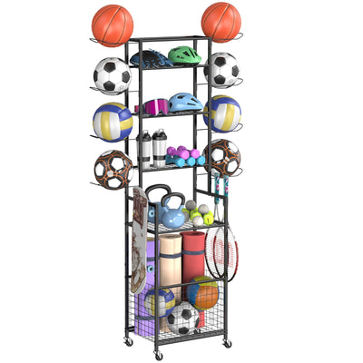 Shinoske Ball Storage Rack with Wheels,6-Tier Basketball Rack with Storage Basket and Hooks,Multi Use Garage Sports Equipment Organizer,for Sports Gear,Volleyball,Football,Indoor/Outdoor Use,Black