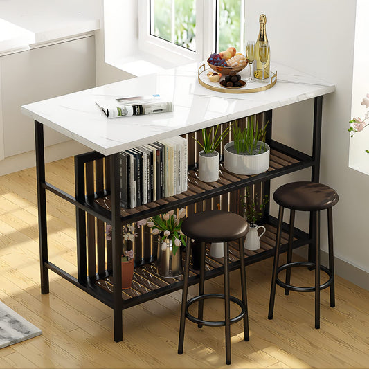 Lamerge Industrial 3-Piece Marble Bar Table Set with Storage Shelves and Stools in White