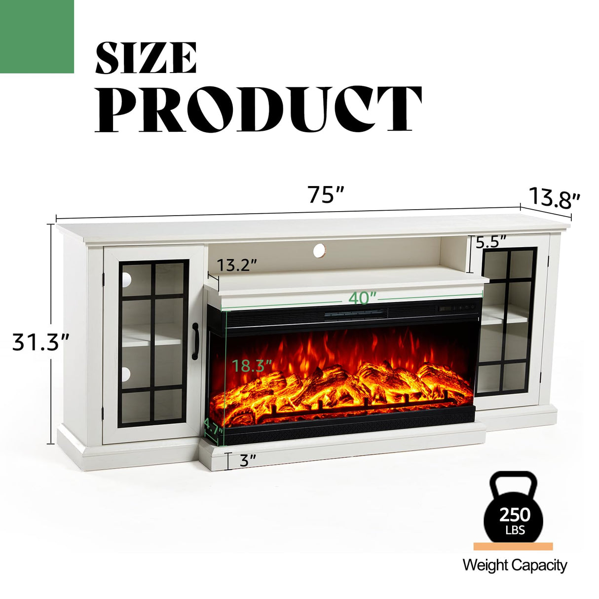 AMERLIFE 75in 3-Sided Glass Fireplace TV Stand for TVs up to 85", Rustic Media Entertainment Center Console Table with Glass Door Closed Storage, Distressed White AMERLIFE