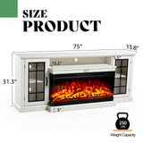 AMERLIFE 75in 3-Sided Glass Fireplace TV Stand for TVs up to 85", Rustic Media Entertainment Center Console Table with Glass Door Closed Storage, Distressed White AMERLIFE