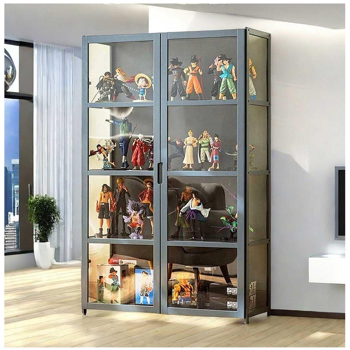 Curio Display Cabinet, 4-Tier Storage Shelves with Acrylic Double Door, Collectibles Toy Organizers Rack & Display Shelf, Bookshelf and Bookcase for Playroom, Bedroom,Grey,130×82cm/51×32in Generic