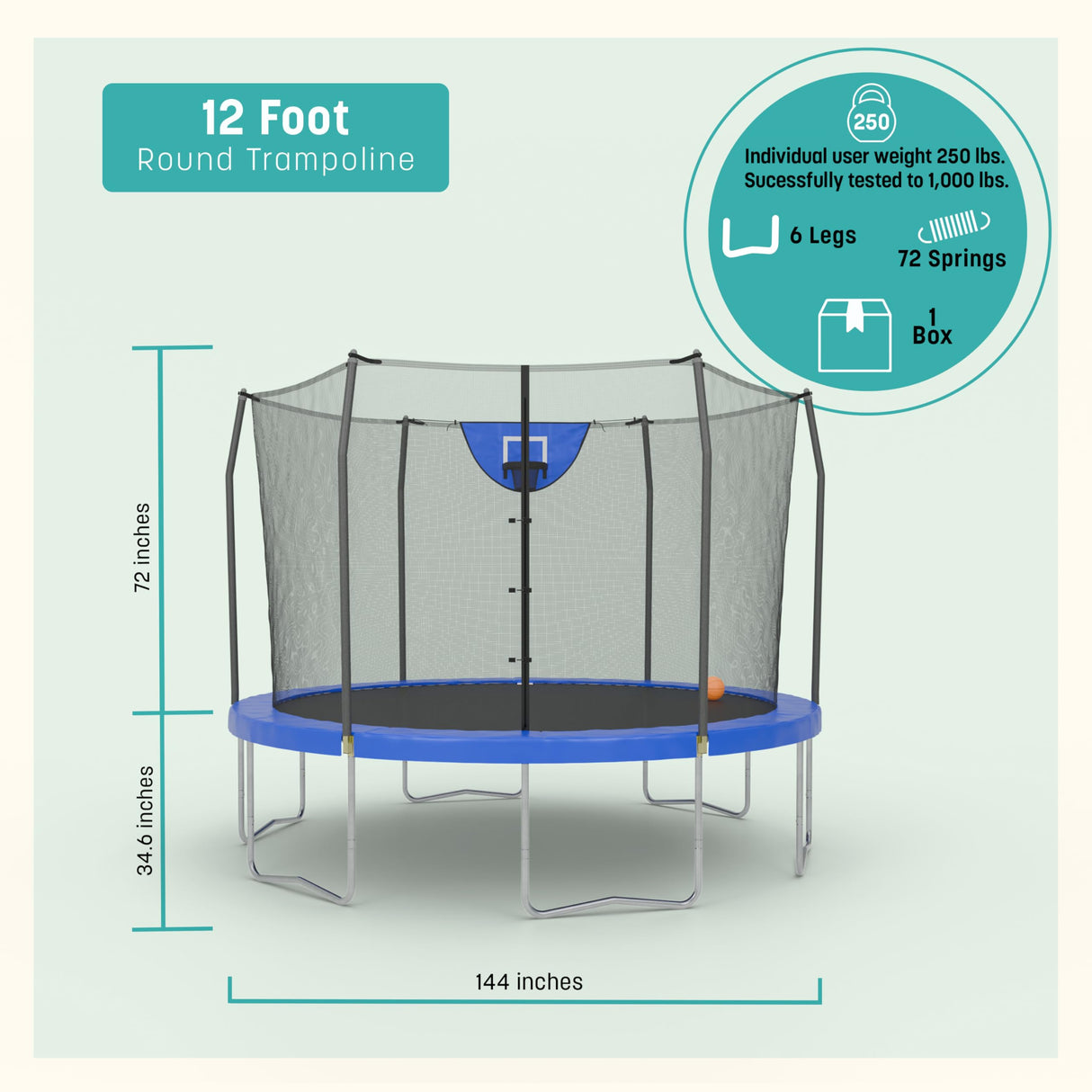 Skywalker Trampoline Outdoor Jump N' Dunk 8 FT, 12 FT, 15 FT, Round Outdoor Trampoline with Net, Trampoline Mat, and Basketball Hoop for Trampoline, ASTM Approval, 800 LBS Weight Capacity - Blue Skywalker Trampolines