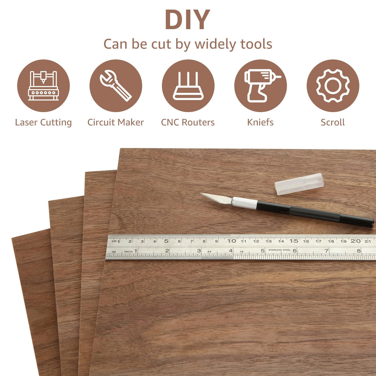 CertBuy 4 Pack Walnut Plywood 12 x 12 Inch, 1/5" Walnut Crafts Wood for Crafts, 5mm Thickness Plywood for Laser Cutting and Engraving, Walnut Unfinished Wood for Craft, CNC Cutting, Painting, Fretwork CertBuy