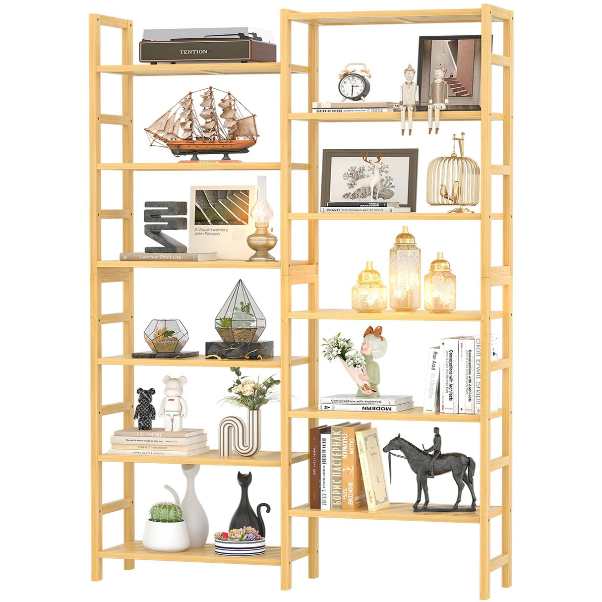 Homykic Double Wide Bamboo Bookshelf, 6-Tier Large Open Bookcase with 12 Display Shelves, 6ft Tall Freestanding Book Shelf for Home Office, Bedroom, Living Room, Plants, Natural Homykic