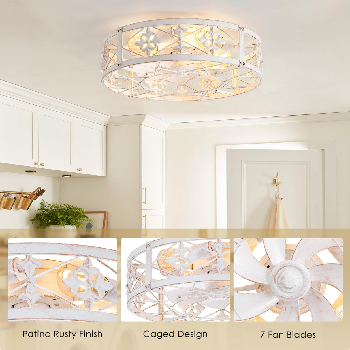 ZYD Caged Ceiling Fan with Light, 20" Ceiling Fan with Lights and Remote Flush Mount, Bladeless Caged Ceiling Fan with Light, Rust White Farmhouse Ceiling Fan for Bedroom, Kitchen, Dining Room ZYD