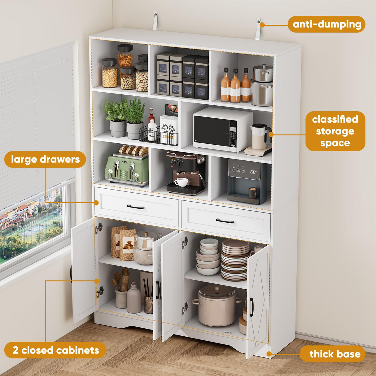 Wanttii Large Bookshelves and Bookcase with Doors, 8-Tier Wooden Bookshelves with Cabinet Doors, Tall Storage Cabinet for Home Office, Living Room, Bedroom (Industrial White) Wanttii