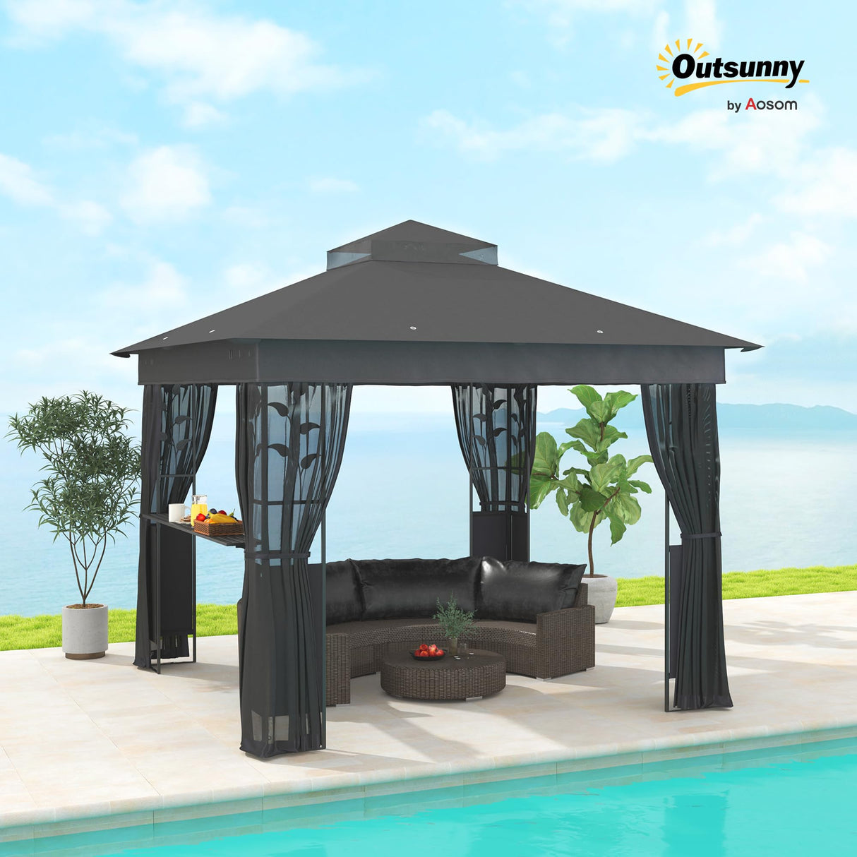 Outsunny 10' x 10' Outdoor Gazebo with Shelves and Netting, Double Roof Patio Gazebo Canopy Shelter, UV30+ Protected for Lawn, Backyard and Deck, Dark Gray Outsunny
