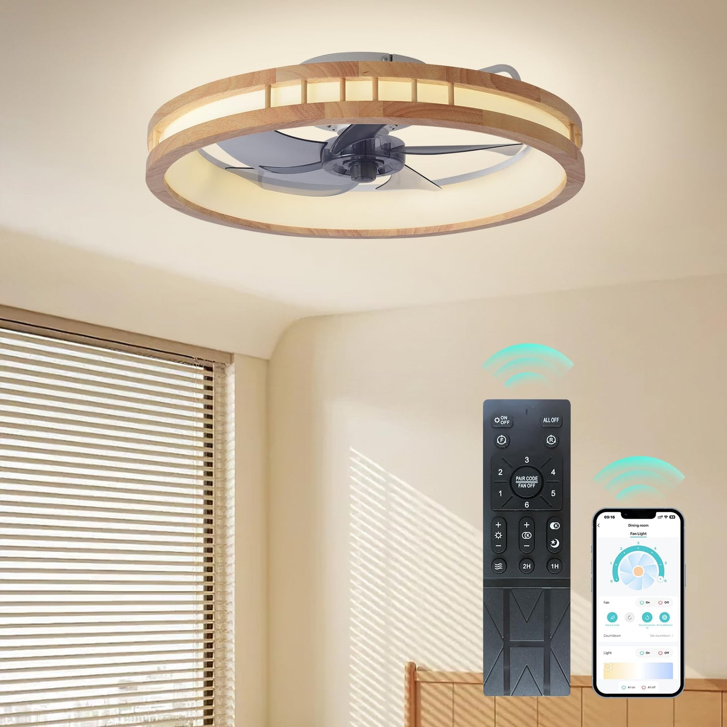 FIELDY Ceiling Fans with Lights, 20 inch Modern Wood Carving Ceiling Fans with Lights and Remote, 3 Color Dimmable LED, 6 Speeds Reversible, Low Profile Flush Mount Ceiling Fan with Light for - WoodArtSupply