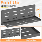 SKIKEN Folding Metal Shelf with Hooks, Wall Mounted Laundry Room Shelf, 8 Hooks & 90° Fold Up, Fold-Down for Rv, Bathroom, Kitchen, Garage, Space Saving, Small Space, Black（17.0", 1 Pack） SKIKEN
