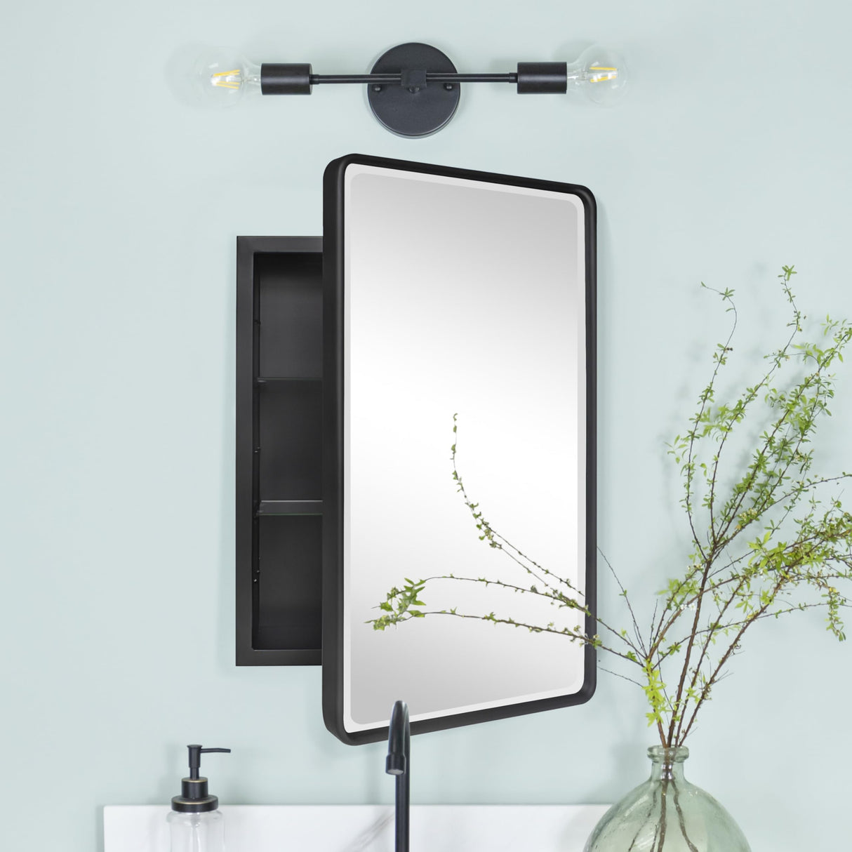 TEHOME Farmhouse Black Metal Framed Recessed Bathroom Medicine Cabinet with Beveled Mirror Rounded Rectangle Bathroom Medicine Cabinet 16x24 inch TEHOME