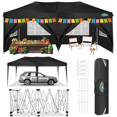 COBIZI Canopy 10x20 Pop Up Canopy Tent with 6 Sidewalls, Waterproof Outdoor Event Shelter Gazebo Sun Shade Portable 10x20 Tents for Parties Beach Camping Commercial Instant Canopy (Black, 10'x20') COBIZI