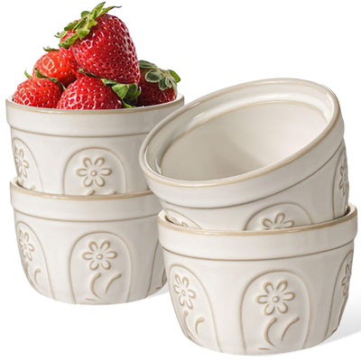Artena Ramekins, Ramekins Oven Safe, Creme Brulee Ramekins, Embossed White Ceramic Ramiken, Souffle Pudding Custard Cups, Baking Dish, Dipping Bowls, Sauce Cups, Set Of 4 (Pinwheel Flower, 8 oz)