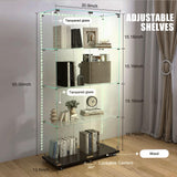 Glass Display Cabinet with 12 Color Lights and Lock 4-Tier 2-Door Curio Cabinets with Wheels Full Vision Showcase Tempered Glass Display Case for Living Room Bedroom Office, 65"*30.9"*13.6"Black Buzleer