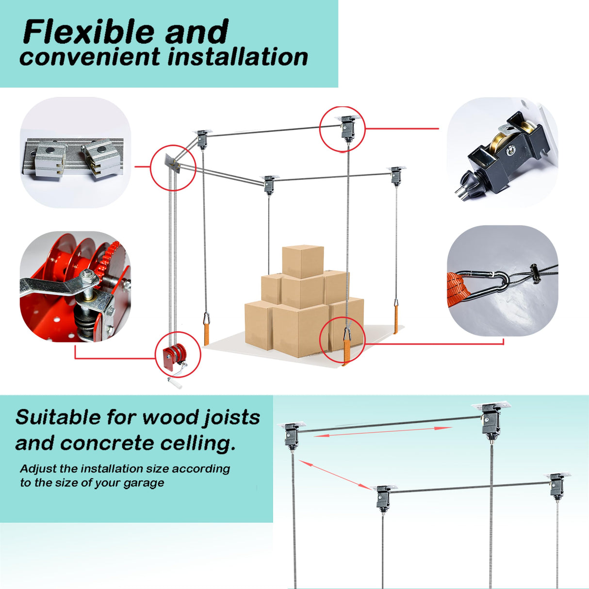 xhuic Overhead Garage Storage Pulley Lift System for Ford Bronco, Safe Anti-Drop for Wrangler Hardtop Hoist, Easy One-Person Operation,Ceiling Storage Mounted Not Include Racks xhuic