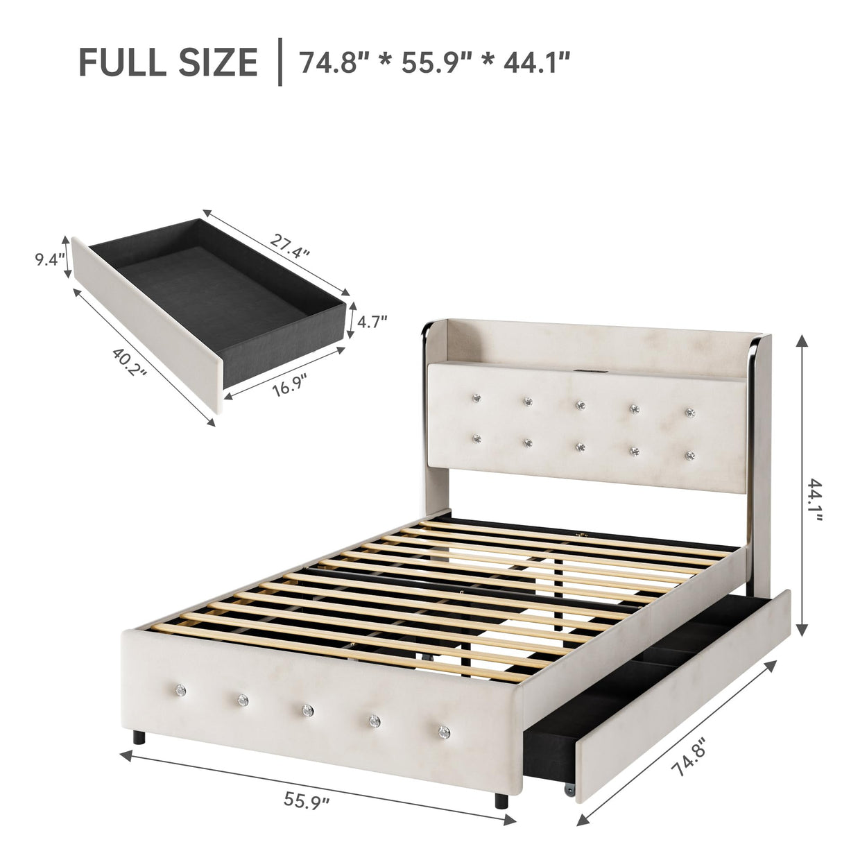 IDEALHOUSE Full Size Bed Frame with Storage Headboard, Velvet Upholstered Platform Bed Frame with 4 Storage Drawers, Built in Charging Station, Wooden Slats Support/No Box Spring Needed, White IDEALHOUSE