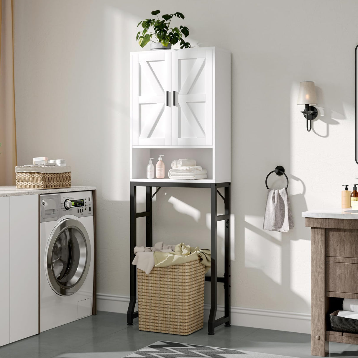 USHOWER Over The Toilet Storage Cabinet, Bathroom Organizers and Storage with Barn Doors, Thicken Metal Stand & MDF Wood Above Toilet Storage Cabinet, Freestanding Space Saver, White USHOWER