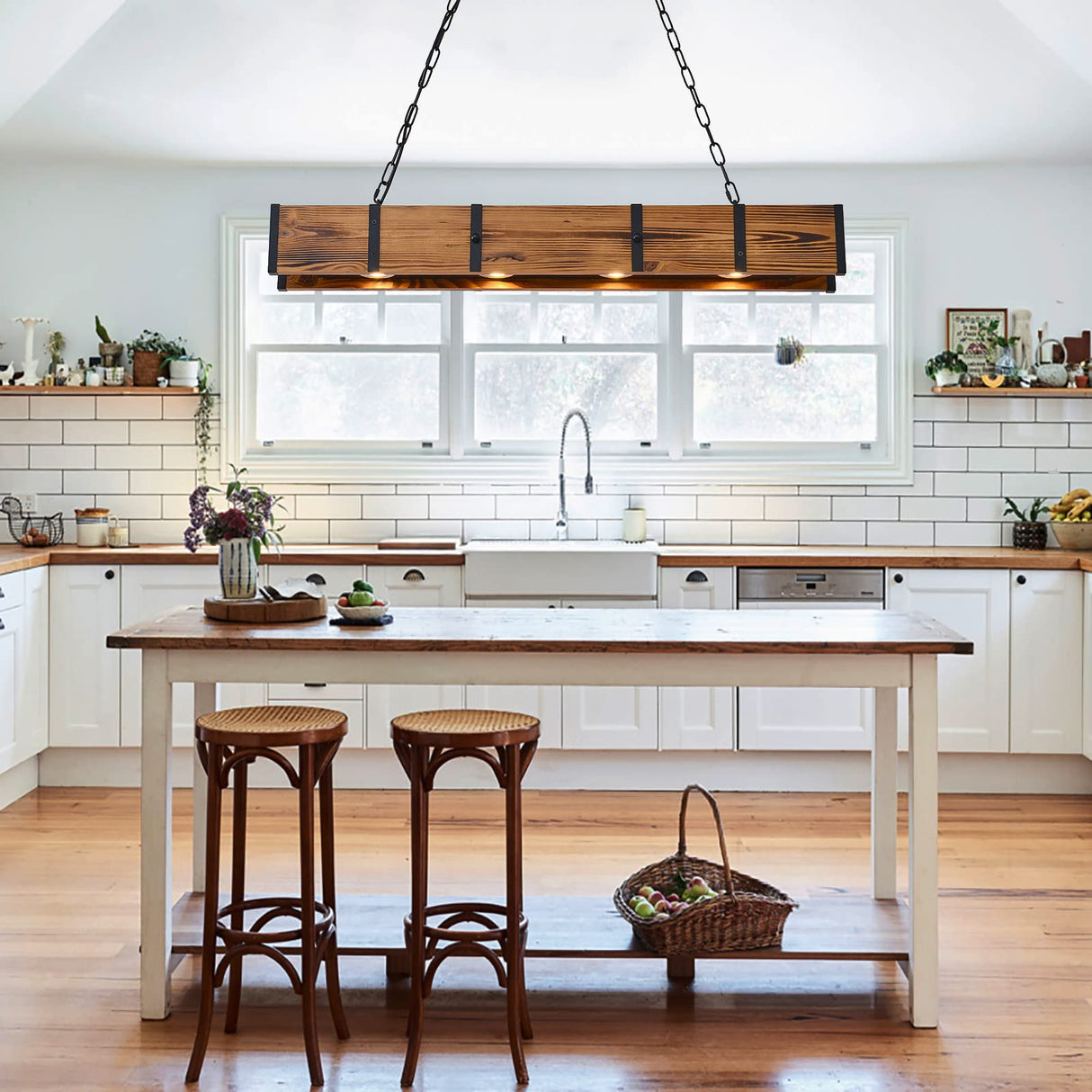 4 Lights Rustic Wood Chandelier with 5W LED Downlight Dimmable, Farmhouse Pendant Light Fixtures for Dining Room, Pool Table Light-39inches BAOURE