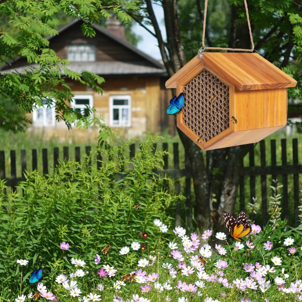 Mason Bee House Wax Coated Bee House，Carpenter Bee Hotel for The Garden,Pollinator House Waterproof, Natural Handmade Wooden Mason Bee Hotel for Pollinating Bees Garden Supplies,Attracts Peac - WoodArtSupply