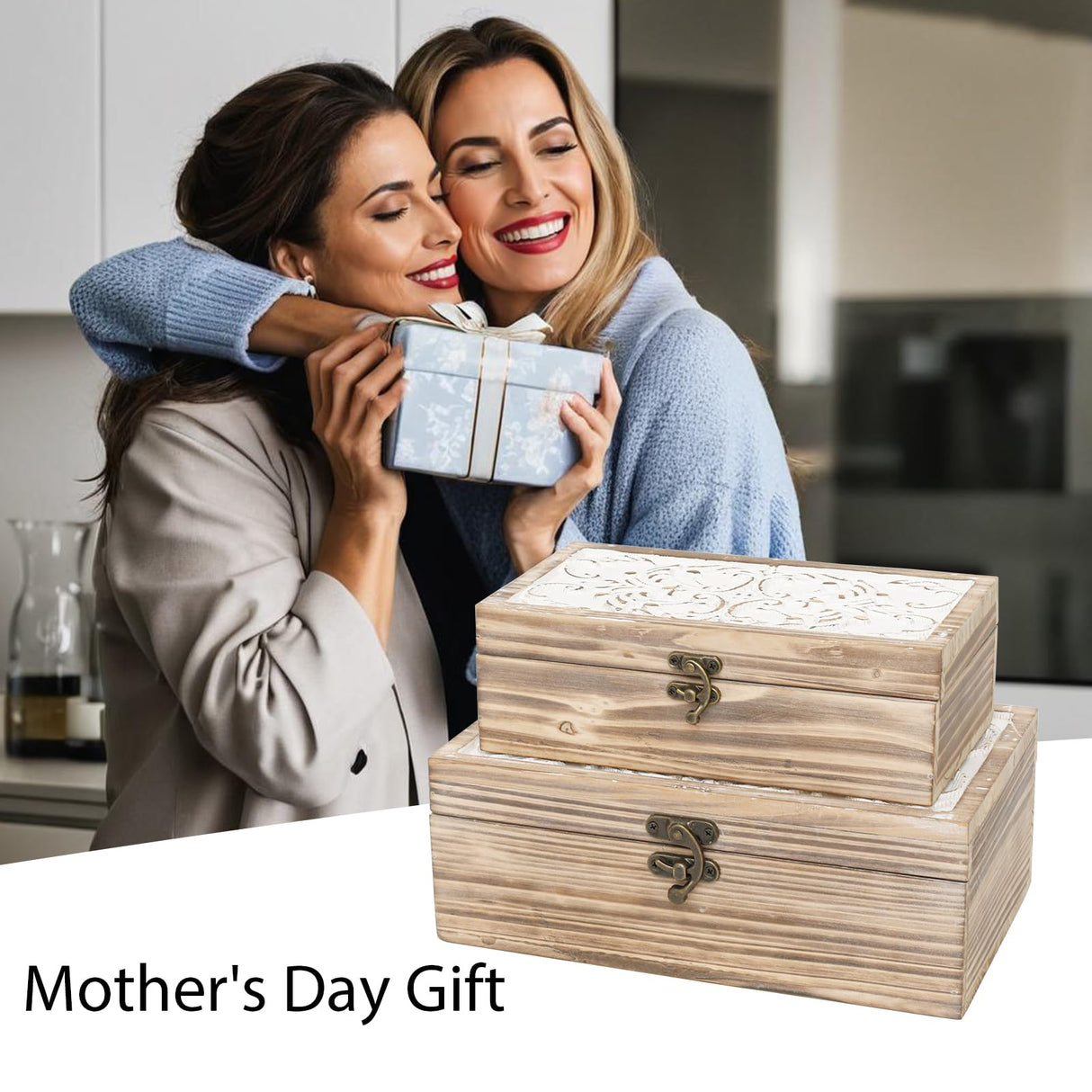 DECOR4SEASON Wooden Box Set of 2 - Rustic Farmhouse Decorative Boxes with Hinged Lid and Carved Design DECOR4SEASON