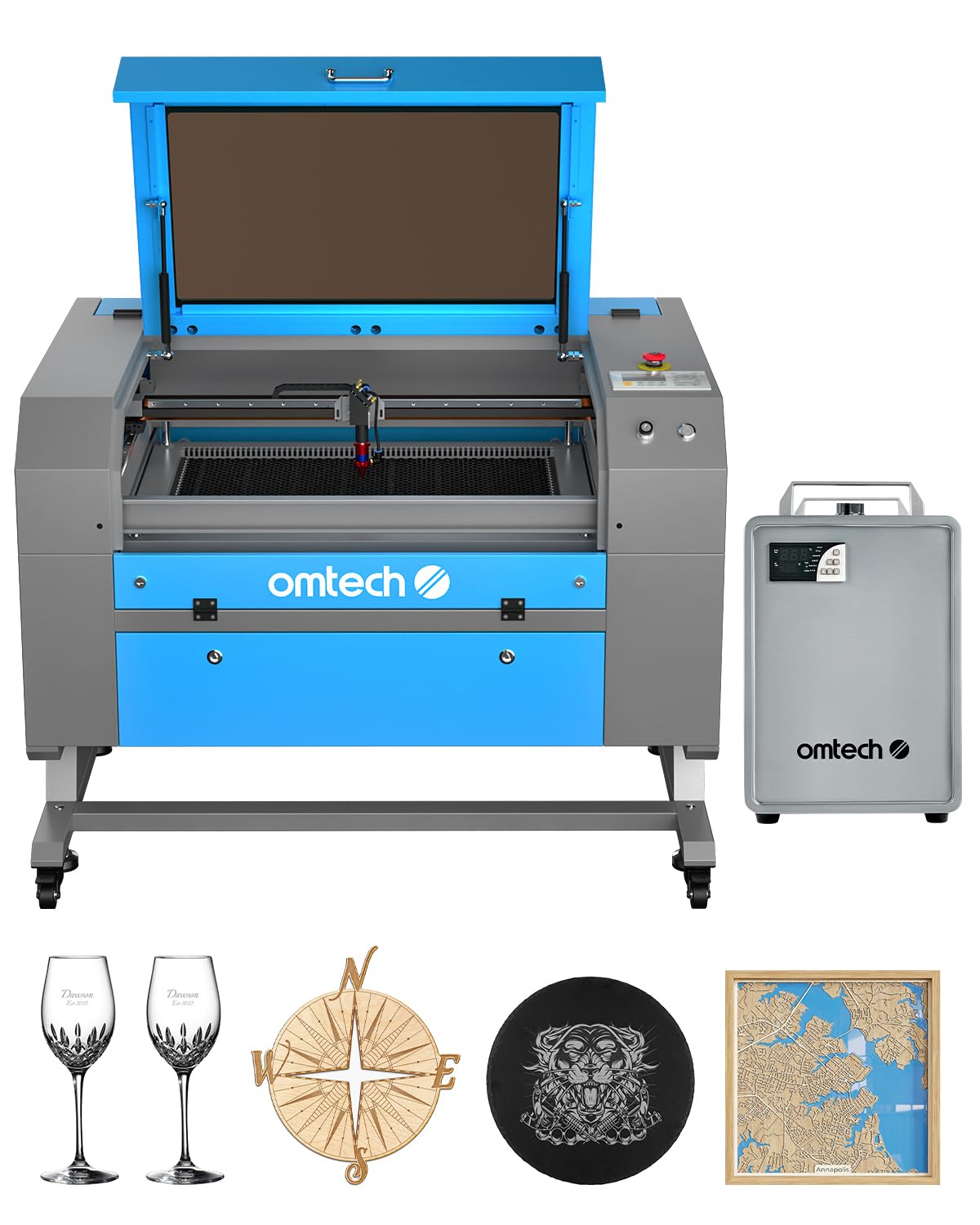 OMTech 60W CO2 Laser Engraver with Water Chiller, 20x28 Inch Laser Engraving Cutting Etching Machine with Autolift Autofocus 4 Way Pass Air Assist, Commercial Laser Cutter - WoodArtSupply