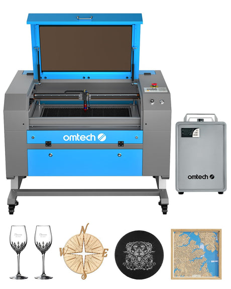 OMTech 60W CO2 Laser Engraver with Water Chiller, 20x28 Inch Laser Engraving Cutting Etching Machine with Autolift Autofocus 4 Way Pass Air Assist, Commercial Laser Cutter OMTech