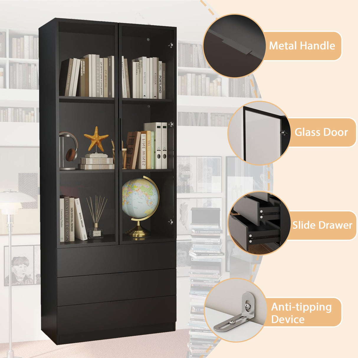 Vrmuxita Display Cabinet with Glass Doors: 79" Black Lighted Display Cabinet with 3 Drawers, Tall Bookcase with 2 Doors, Glass Door Bookcase for Living Room (Black) Vrmuxita