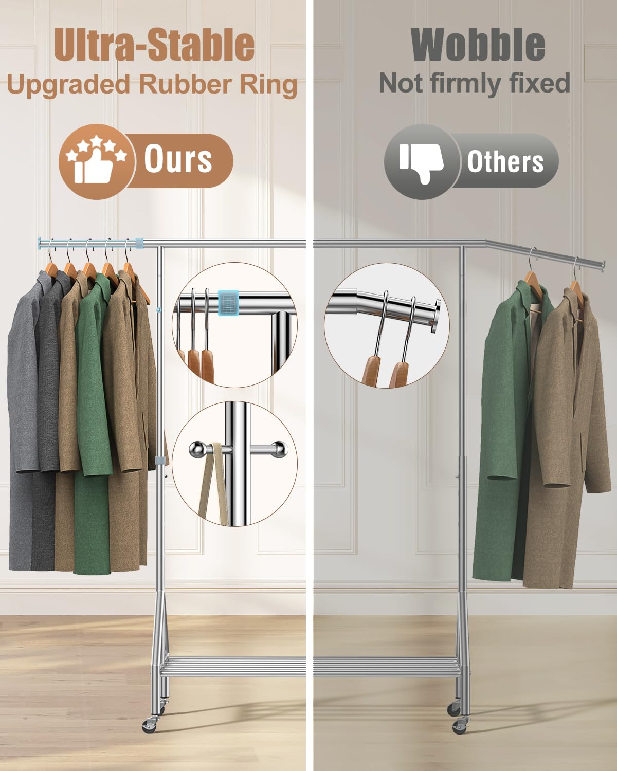 100% Stainless Steel Clothing Rack Load 760LBS, Ultra-Stable Heavy Duty Clothes Rack W/ Reinforced Rubber Ring, Extendable Adjustable Rolling Garment Racks W/ Sturdy Wheel for Portable Hanging Clothes FYBEE