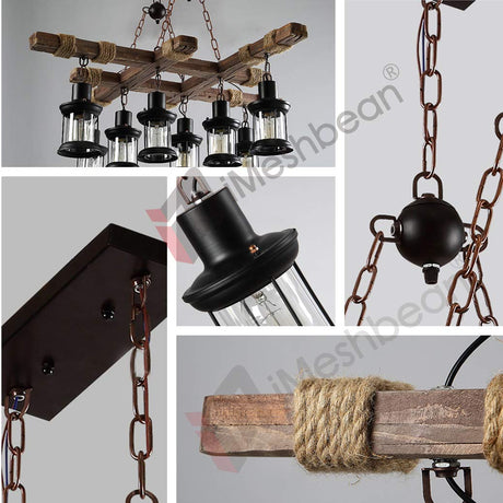 Farmhouse Chandelier Wood Hanging Pendant Lighting Vintage Ceiling Light Fixture 8 Heads for Bar Coffee Dining Table Kitchen Island Bar Easy to Install iMeshbean