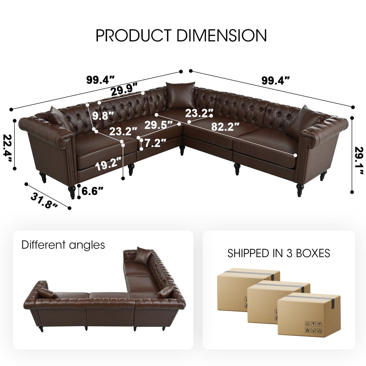 Kvutx 99.4" X 99.4" L Shaped Couch Faux Leather Sectional Couch with Three Pillows Chesterfield L Shaped Sofa 5 Seat PU Leather Sectional Couches for Living Room Brown Kvutx