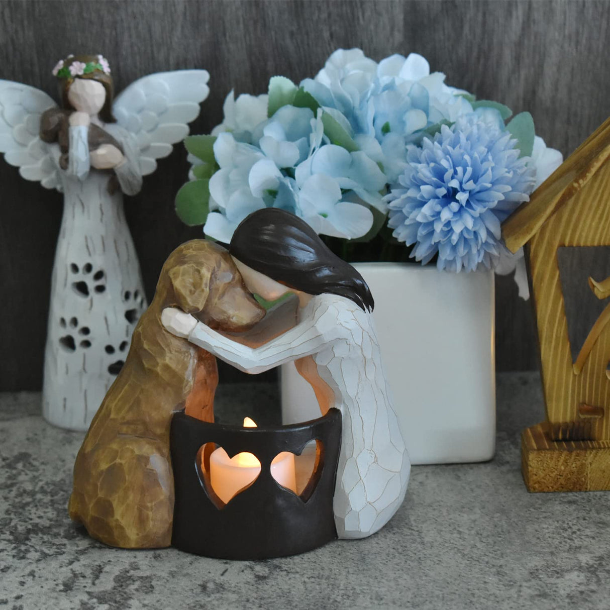 weslinkeji Dog Memorial Gifts，Pet Loss Gifts，Hand-Sculpted Dogs Passing Away Sympathy Gift，Remembrance Gift ，Dog Lovers Candle Holder Statue with LED Candle weslinkeji