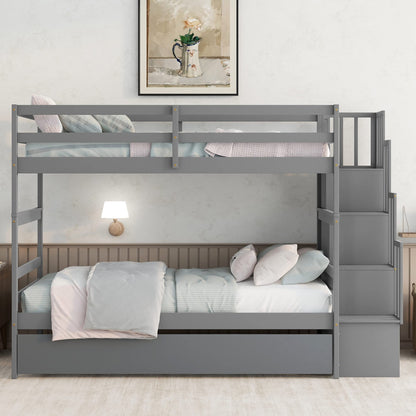 Harper & Bright Designs Twin Over Twin Bunk Bed with Trundle and Storage Shelf, Solid Wood Bunk Bed with Staircase for Kids,Toddler,Teens,Adults No Box Spring Needed (Grey, Twin/Twin)